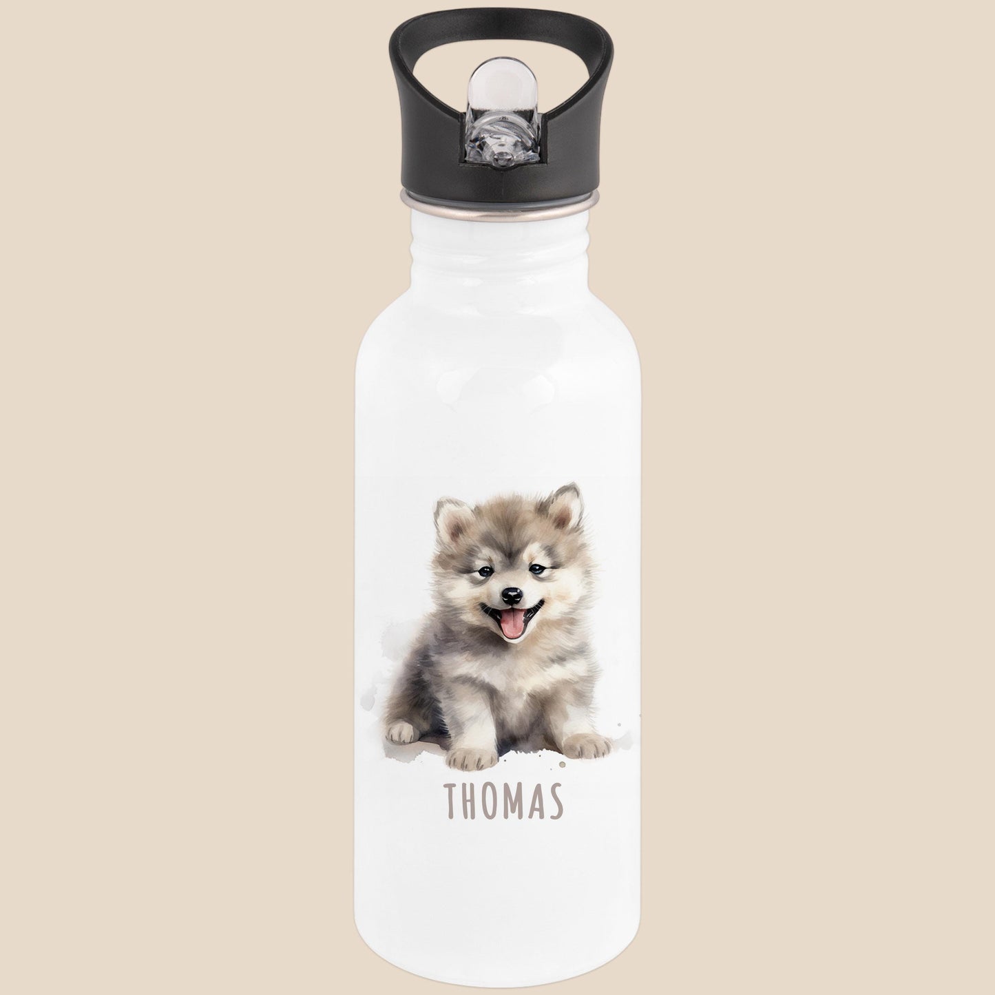 Trinkflasche Kinder personalisiert mit Namen Wolf Edelstahl Flasche mit Strohhalm Wasserflasche für Schule Kindergarten 600 ml
