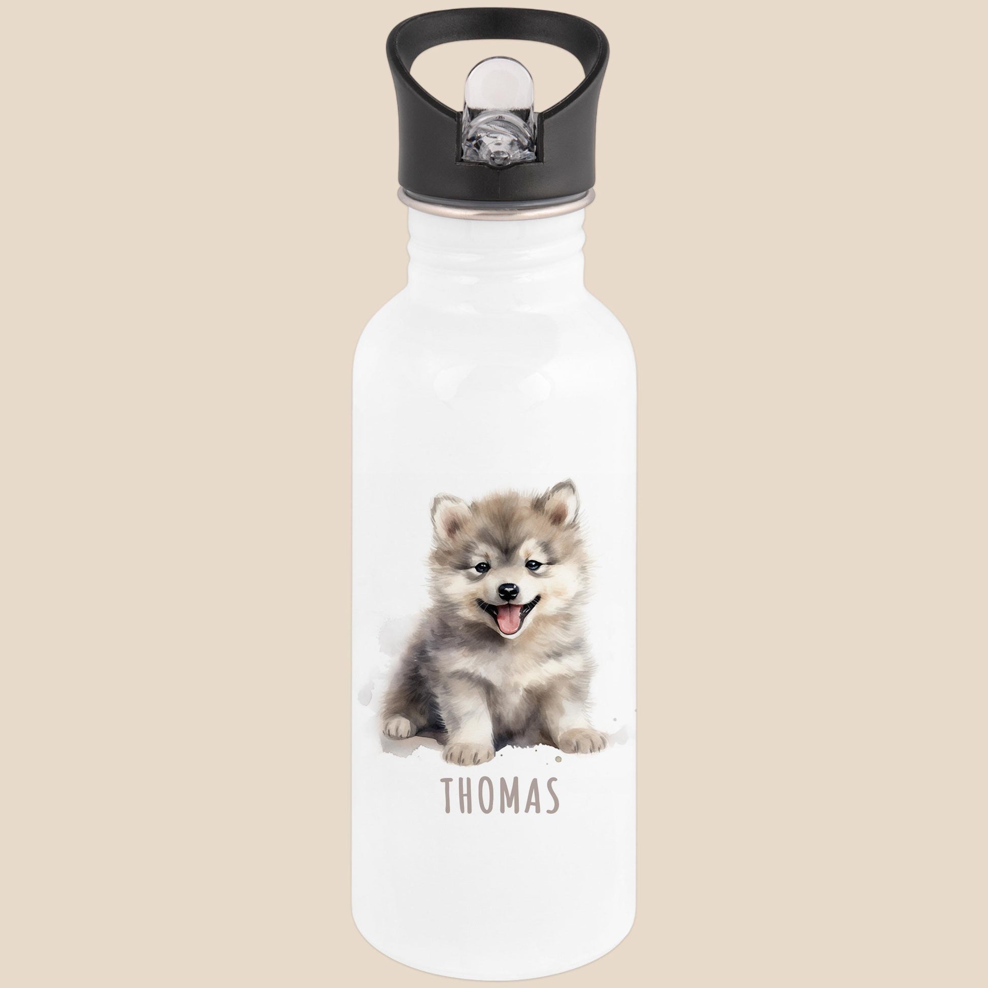Trinkflasche Kinder personalisiert mit Namen Wolf Edelstahl Flasche mit Strohhalm Wasserflasche für Schule Kindergarten 600 ml