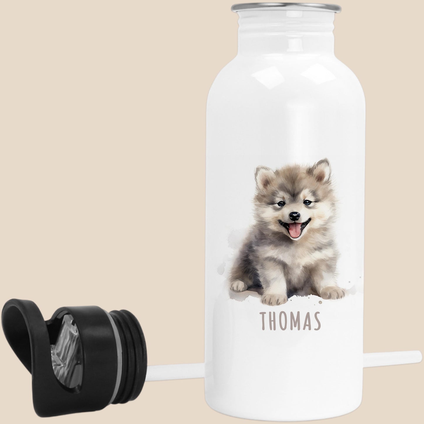 Trinkflasche Kinder personalisiert mit Namen Wolf Edelstahl Flasche mit Strohhalm Wasserflasche für Schule Kindergarten 600 ml