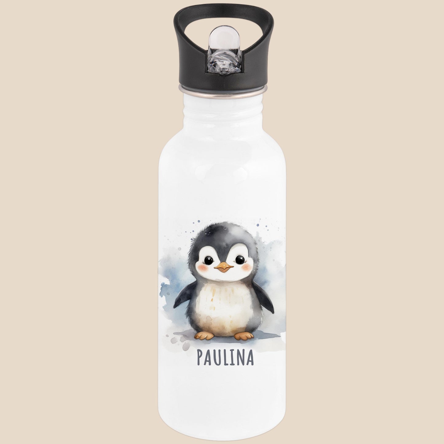Trinkflasche Kinder personalisiert mit Namen Pinguin Edelstahl Flasche mit Strohhalm Wasserflasche für Schule Kindergarten 600 ml