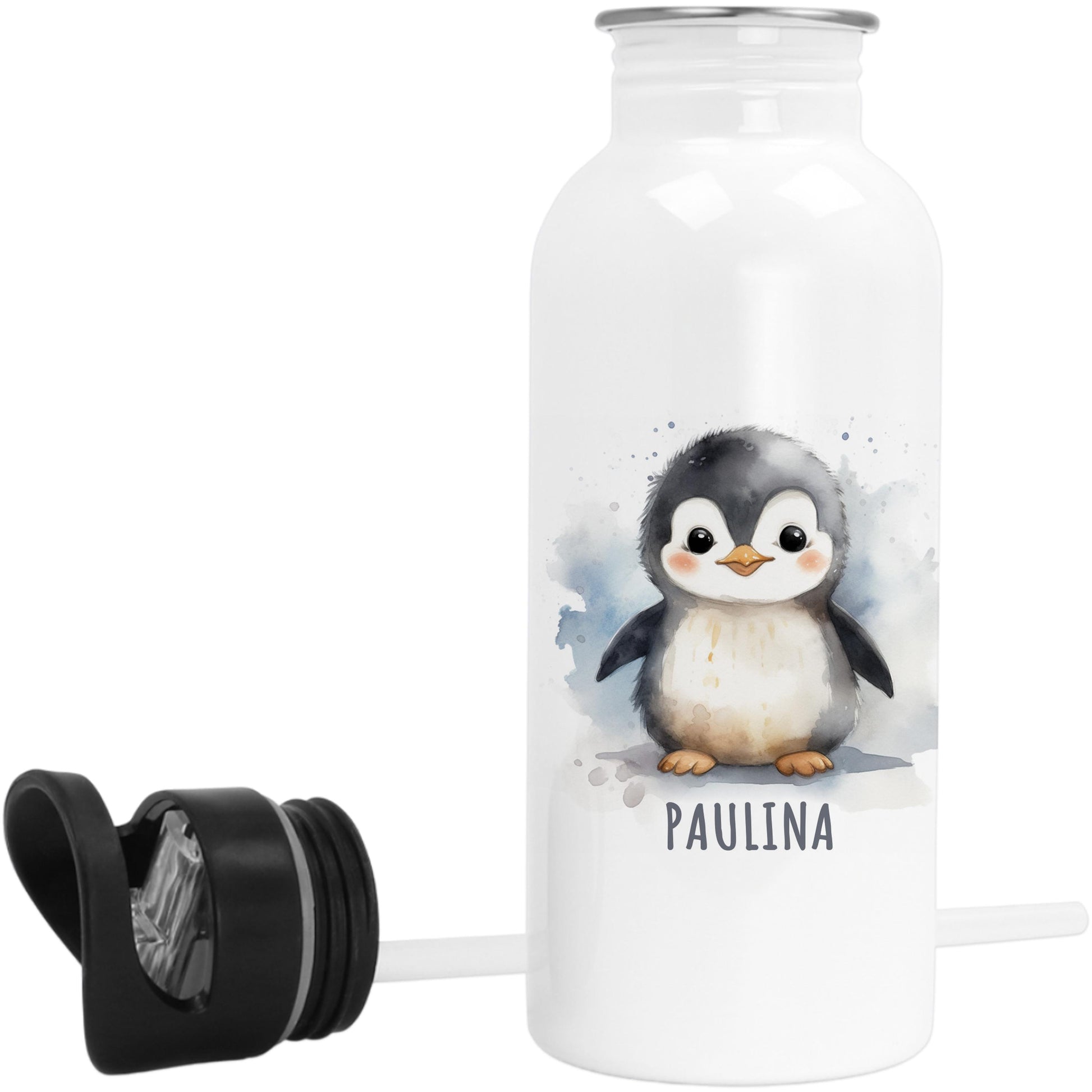 Trinkflasche Kinder personalisiert mit Namen Pinguin Edelstahl Flasche mit Strohhalm Wasserflasche für Schule Kindergarten 600 ml