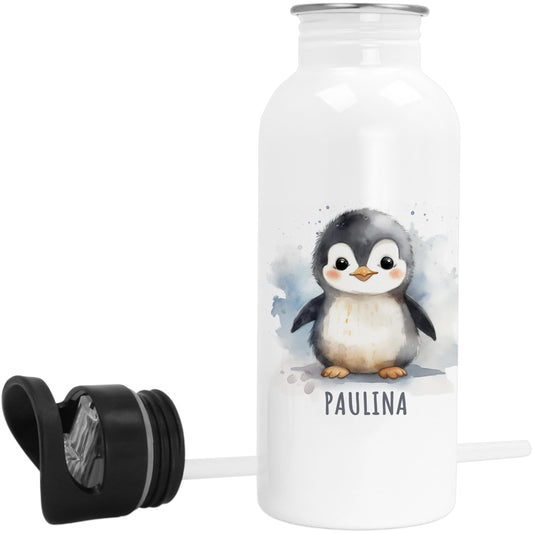 Trinkflasche Kinder personalisiert mit Namen Pinguin Edelstahl Flasche mit Strohhalm Wasserflasche für Schule Kindergarten 600 ml
