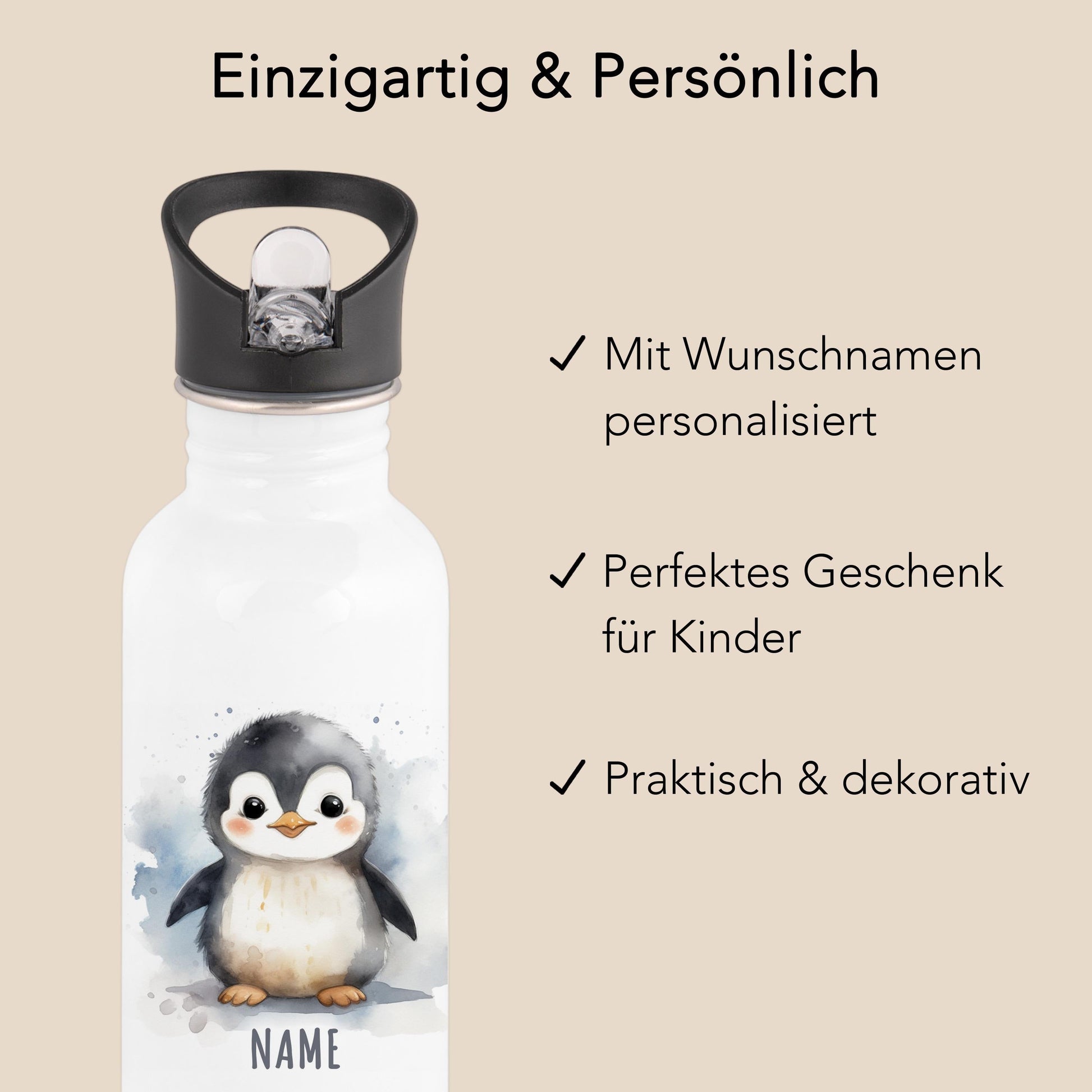 Trinkflasche Kinder personalisiert mit Namen Pinguin Edelstahl Flasche mit Strohhalm Wasserflasche für Schule Kindergarten 600 ml