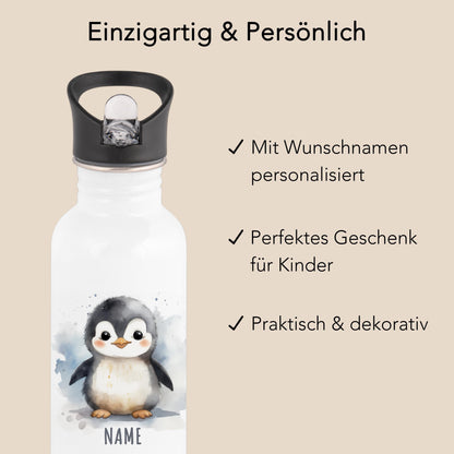 Trinkflasche Kinder personalisiert mit Namen Pinguin Edelstahl Flasche mit Strohhalm Wasserflasche für Schule Kindergarten 600 ml