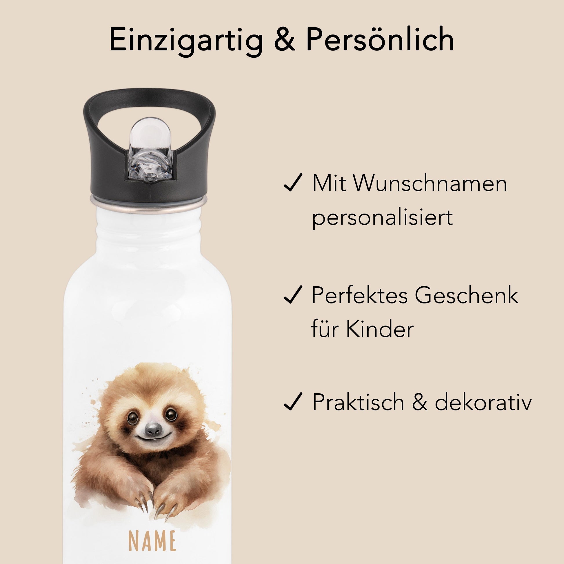 Trinkflasche Kinder personalisiert mit Namen Faultier Edelstahl Flasche mit Strohhalm Wasserflasche für Schule Kindergarten 600 ml