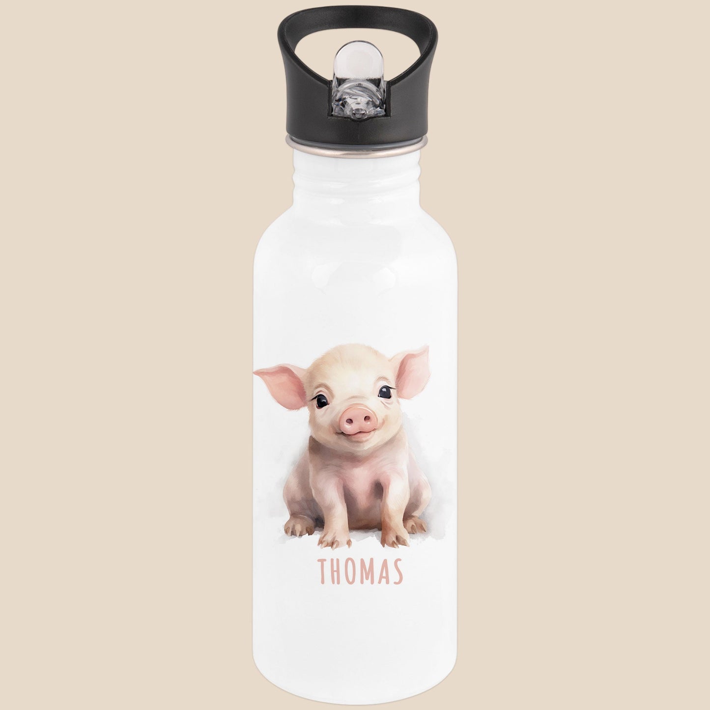 Trinkflasche Kinder personalisiert mit Namen Schwein Edelstahl Flasche mit Strohhalm Wasserflasche für Schule Kindergarten 600 ml