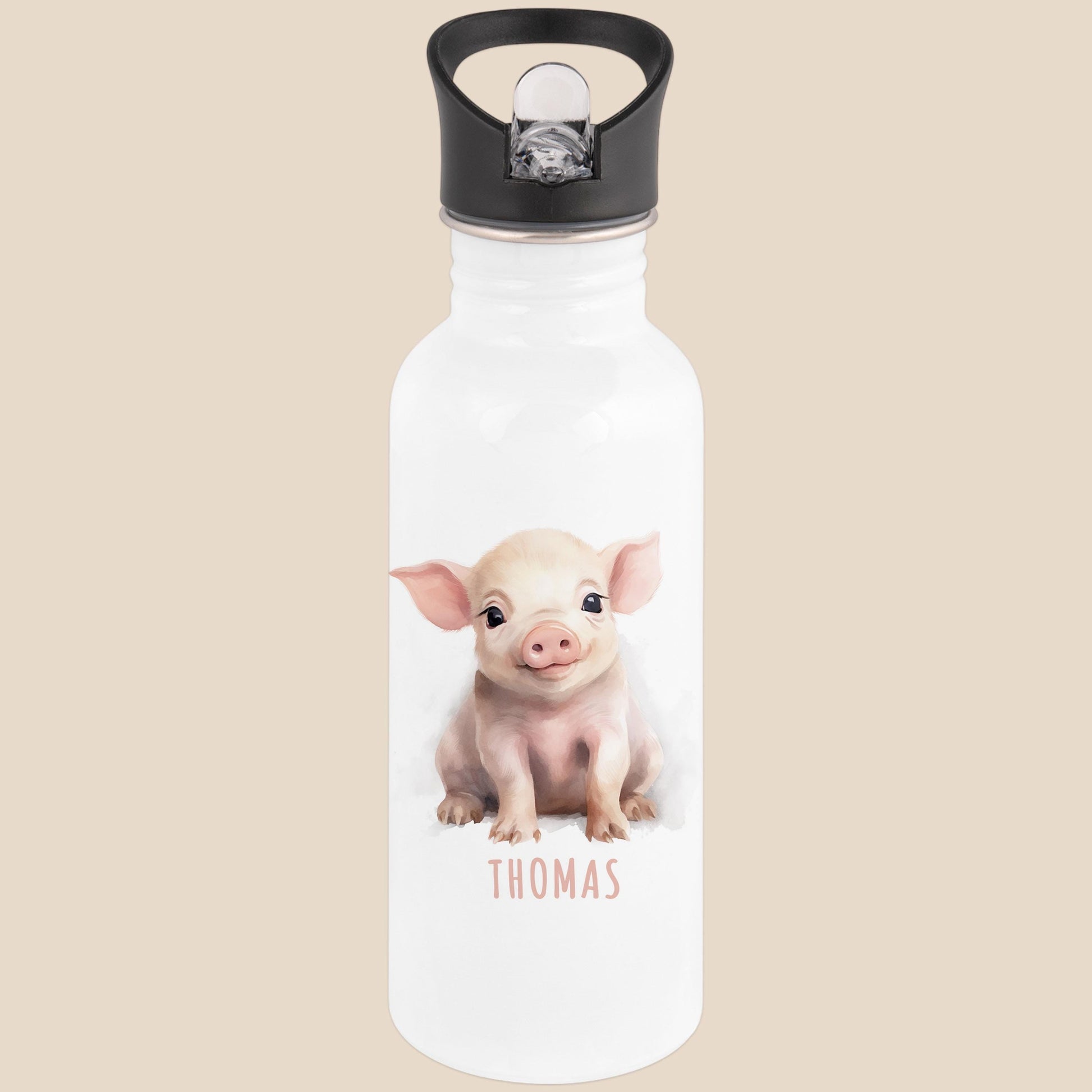 Trinkflasche Kinder personalisiert mit Namen Schwein Edelstahl Flasche mit Strohhalm Wasserflasche für Schule Kindergarten 600 ml