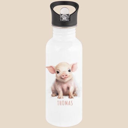 Trinkflasche Kinder personalisiert mit Namen Schwein Edelstahl Flasche mit Strohhalm Wasserflasche für Schule Kindergarten 600 ml