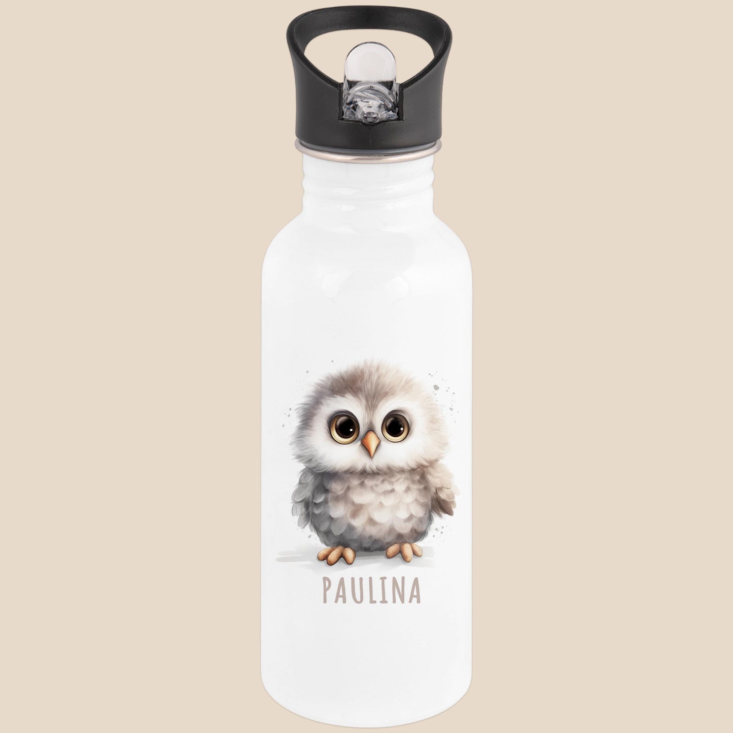 Trinkflasche Kinder personalisiert mit Namen Eule Edelstahl Flasche mit Strohhalm Wasserflasche für Schule Kindergarten 600 ml