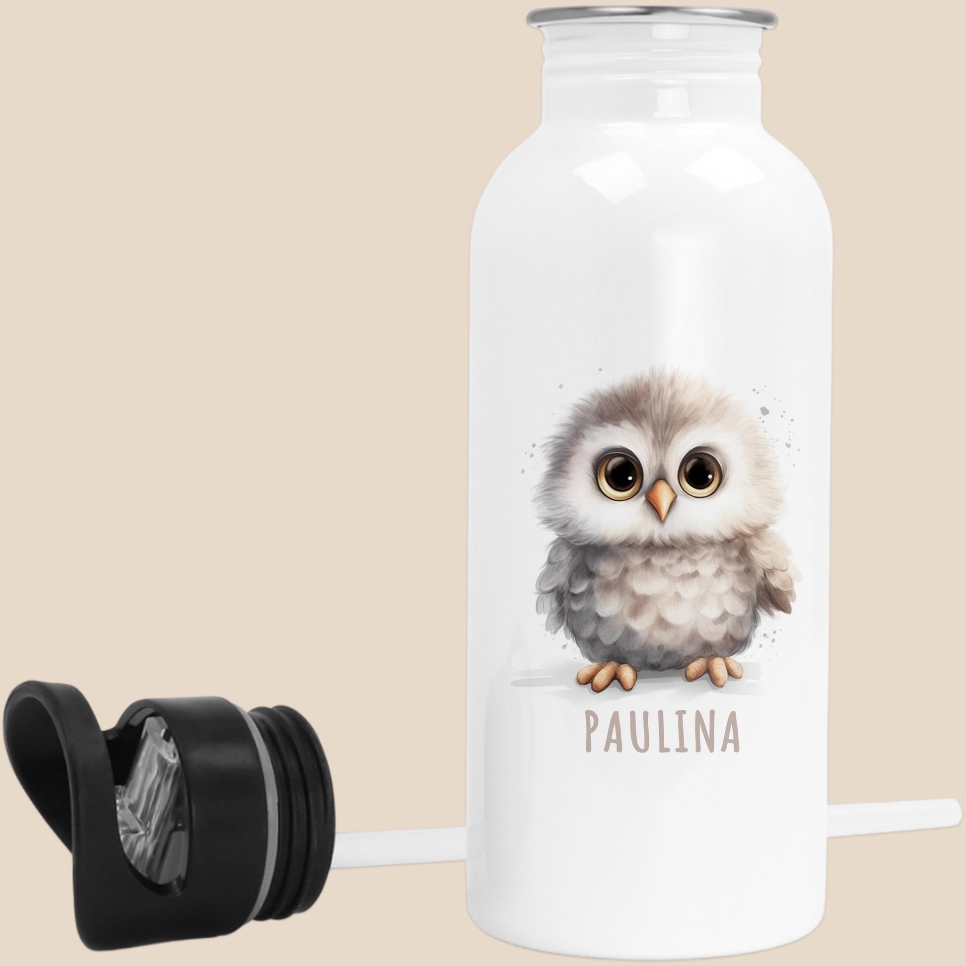 Trinkflasche Kinder personalisiert mit Namen Eule Edelstahl Flasche mit Strohhalm Wasserflasche für Schule Kindergarten 600 ml