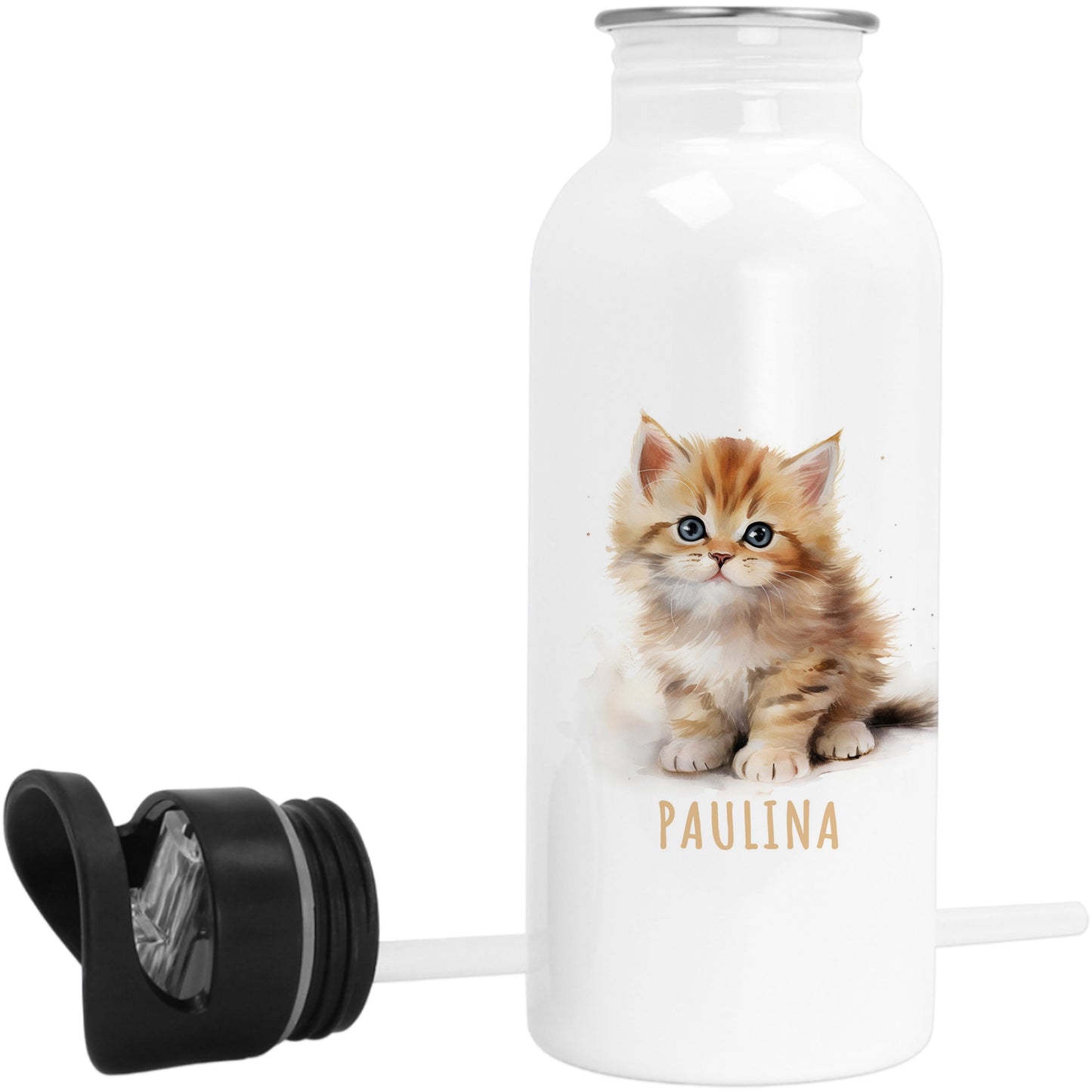 Trinkflasche Kinder personalisiert mit Namen Katze Edelstahl Flasche mit Strohhalm Wasserflasche für Schule Kindergarten 600 ml