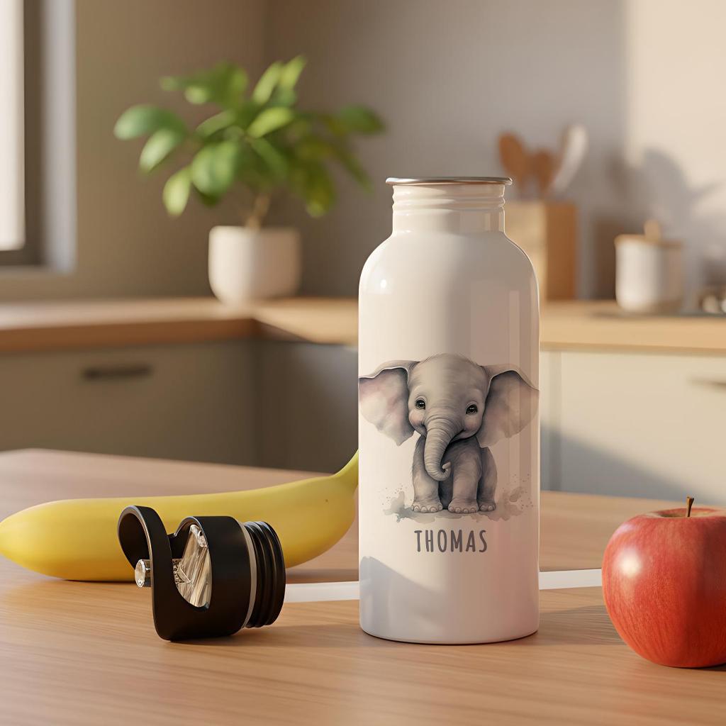 Trinkflasche Kinder personalisiert mit Namen Elefant Edelstahl Flasche mit Strohhalm Wasserflasche für Schule Kindergarten 600 ml