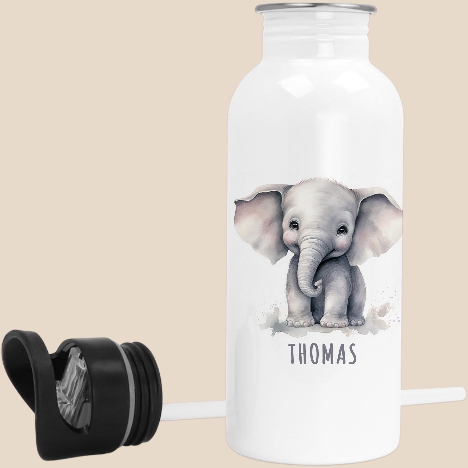 Trinkflasche Kinder personalisiert mit Namen Elefant Edelstahl Flasche mit Strohhalm Wasserflasche für Schule Kindergarten 600 ml