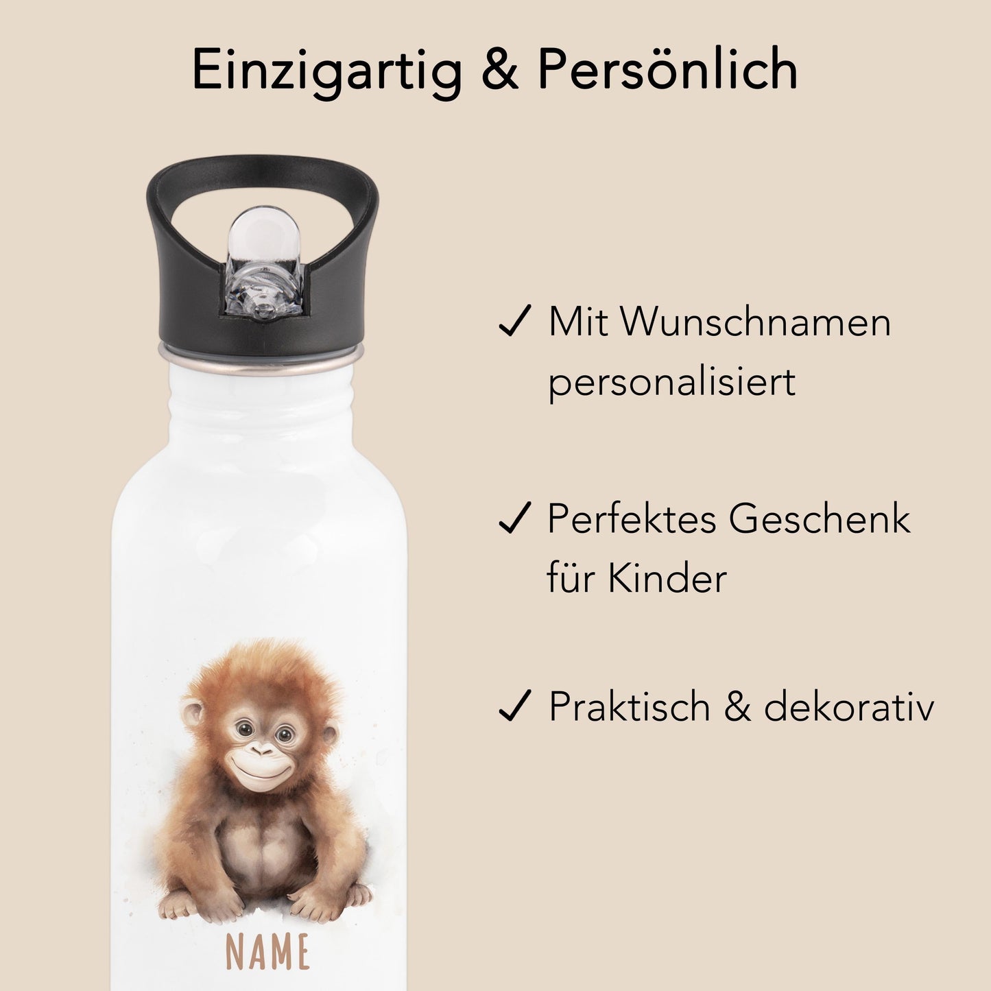 Trinkflasche Kinder personalisiert mit Namen Affe Edelstahl Flasche mit Strohhalm Wasserflasche für Schule Kindergarten 600 ml