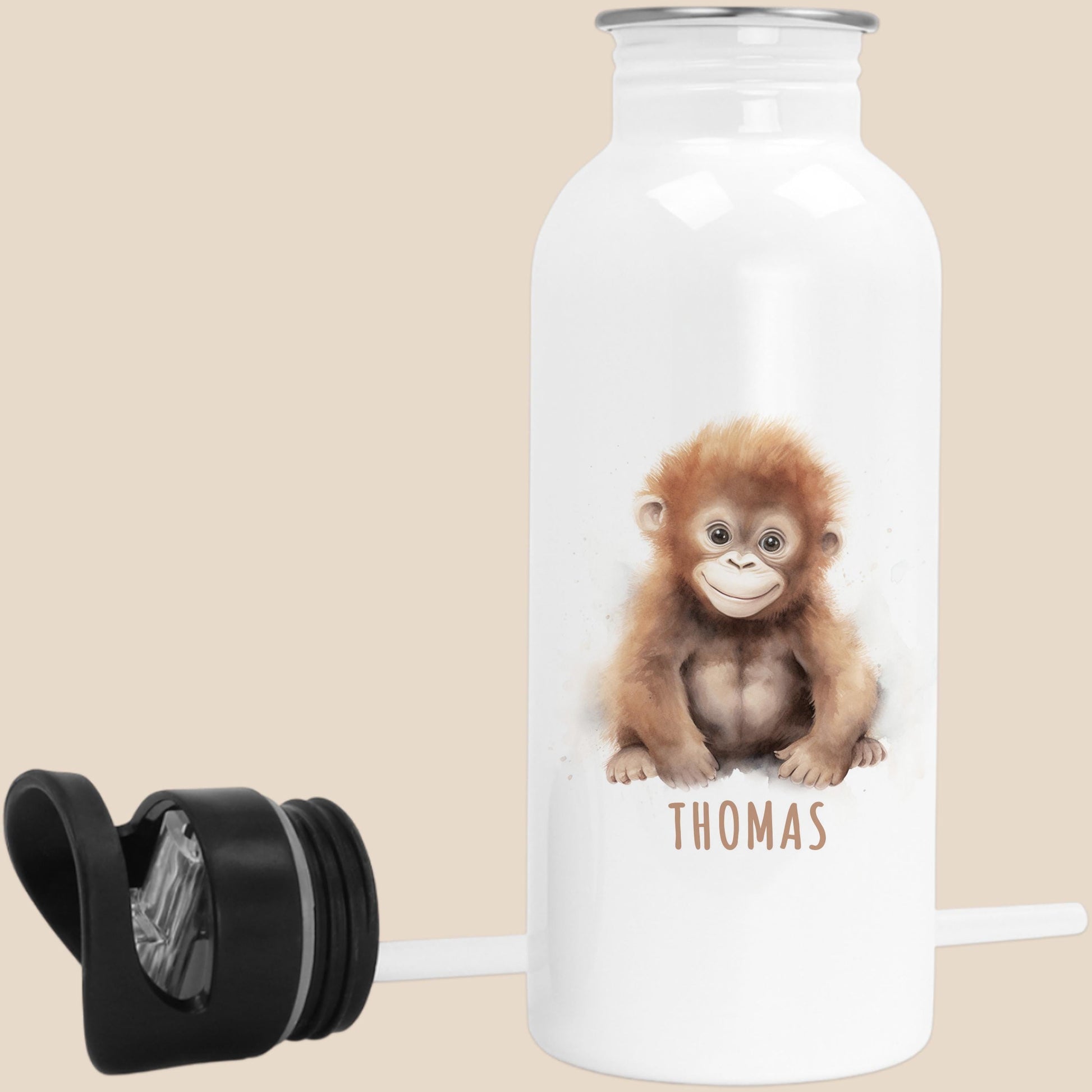 Trinkflasche Kinder personalisiert mit Namen Affe Edelstahl Flasche mit Strohhalm Wasserflasche für Schule Kindergarten 600 ml