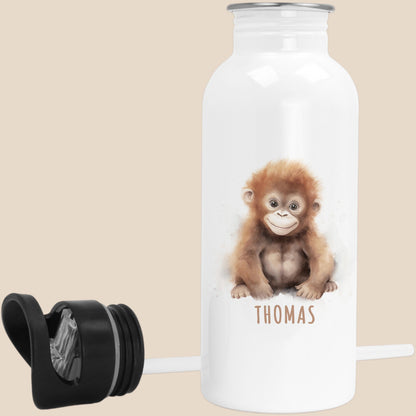 Trinkflasche Kinder personalisiert mit Namen Affe Edelstahl Flasche mit Strohhalm Wasserflasche für Schule Kindergarten 600 ml