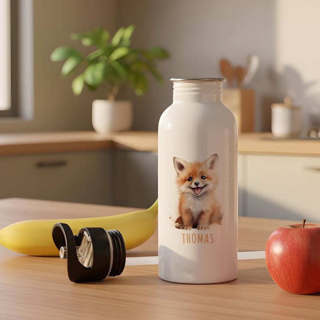 Trinkflasche Kinder personalisiert mit Namen Fuchs Edelstahl Flasche mit Strohhalm Wasserflasche für Schule Kindergarten 600 ml
