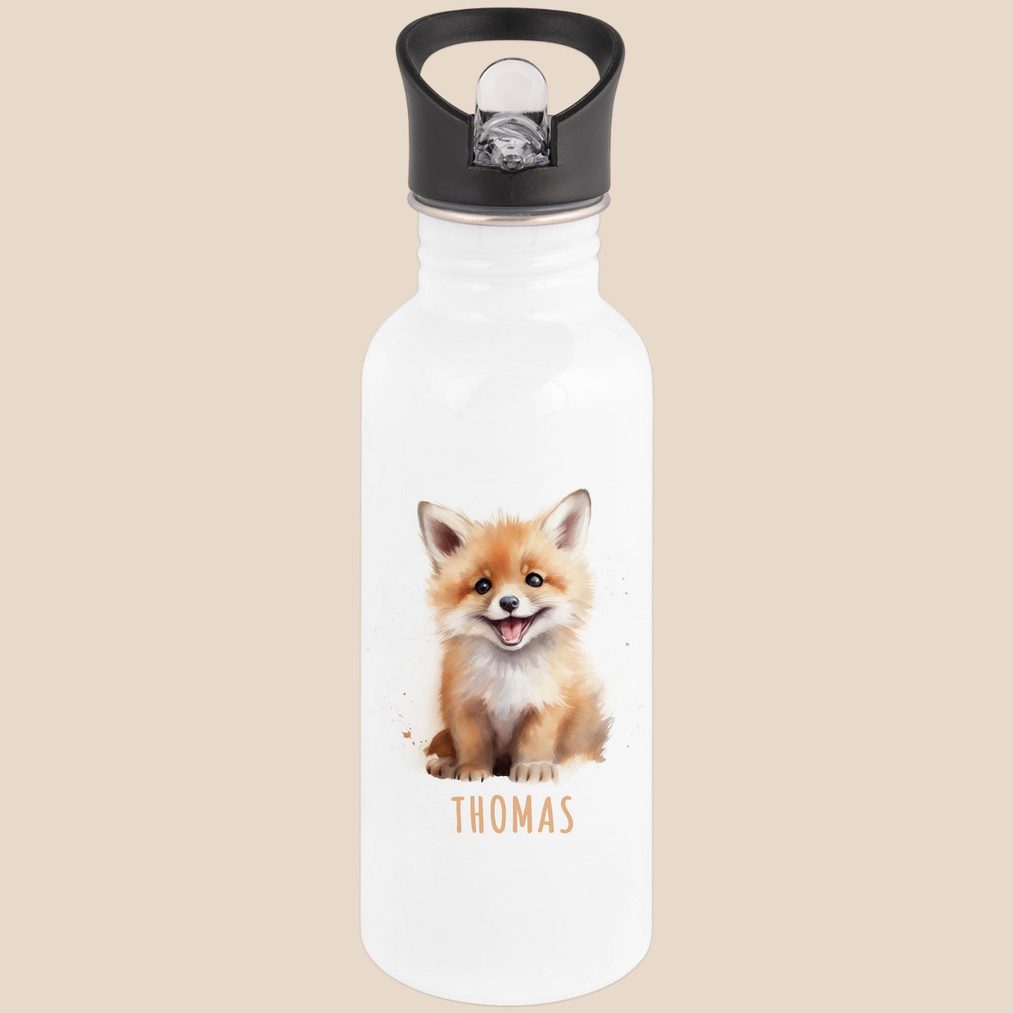 Trinkflasche Kinder personalisiert mit Namen Fuchs Edelstahl Flasche mit Strohhalm Wasserflasche für Schule Kindergarten 600 ml