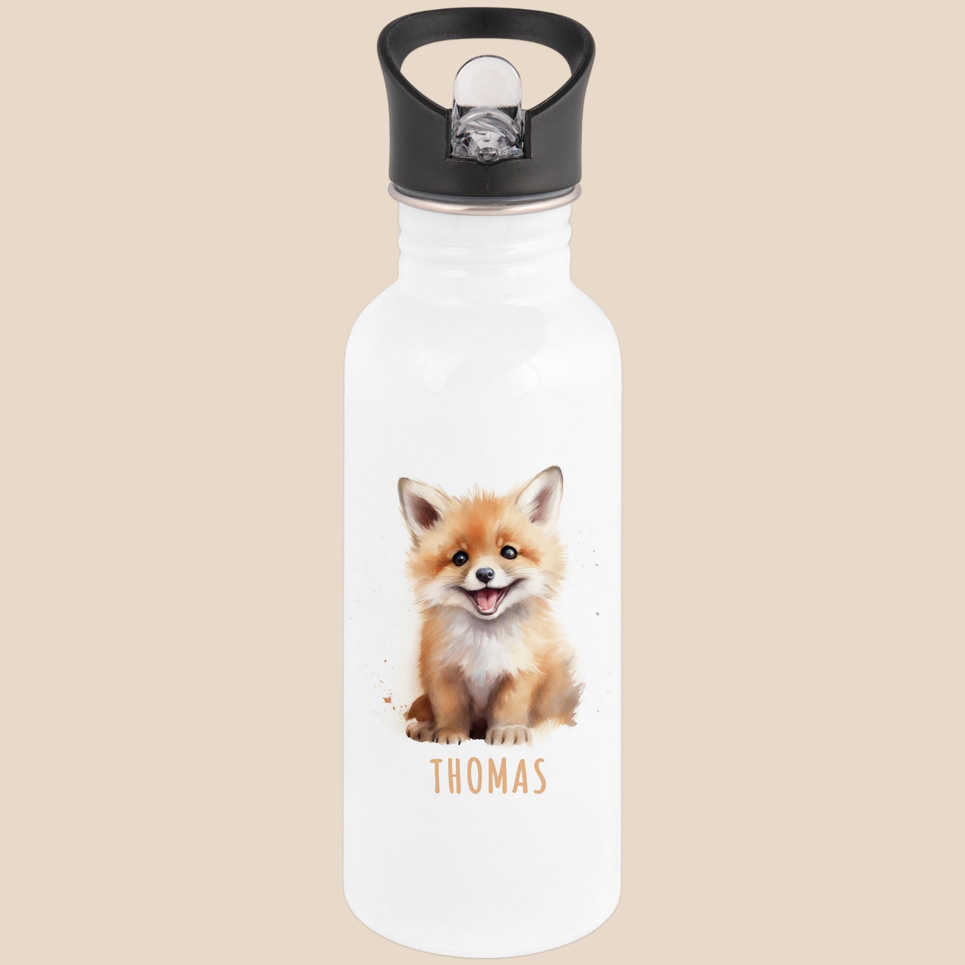 Trinkflasche Kinder personalisiert mit Namen Fuchs Edelstahl Flasche mit Strohhalm Wasserflasche für Schule Kindergarten 600 ml