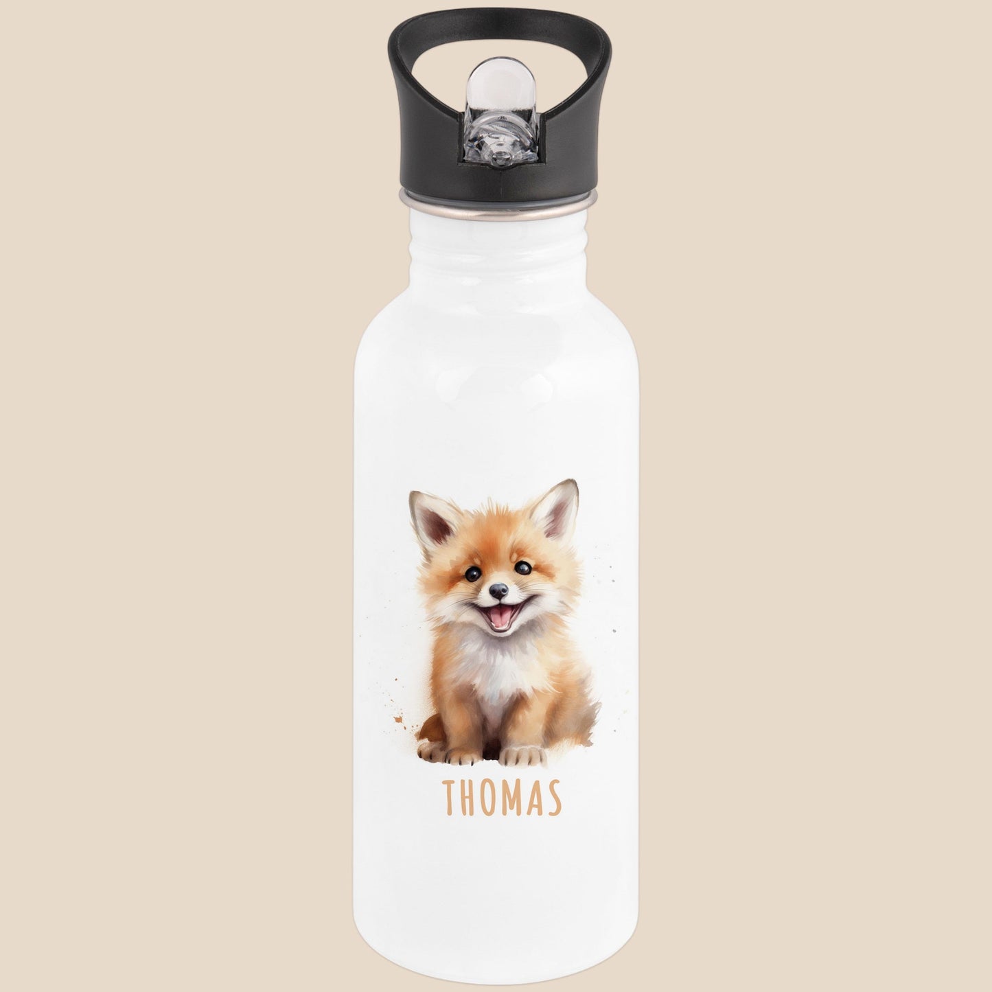 Trinkflasche Kinder personalisiert mit Namen Fuchs Edelstahl Flasche mit Strohhalm Wasserflasche für Schule Kindergarten 600 ml
