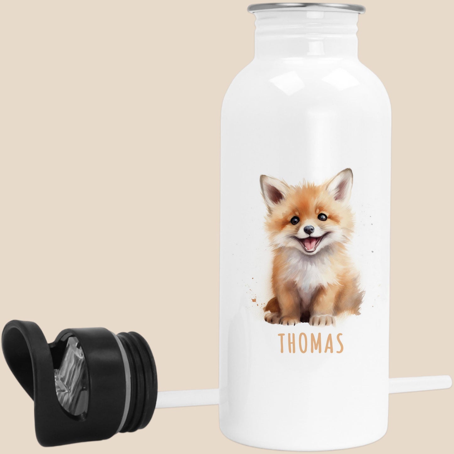 Trinkflasche Kinder personalisiert mit Namen Fuchs Edelstahl Flasche mit Strohhalm Wasserflasche für Schule Kindergarten 600 ml