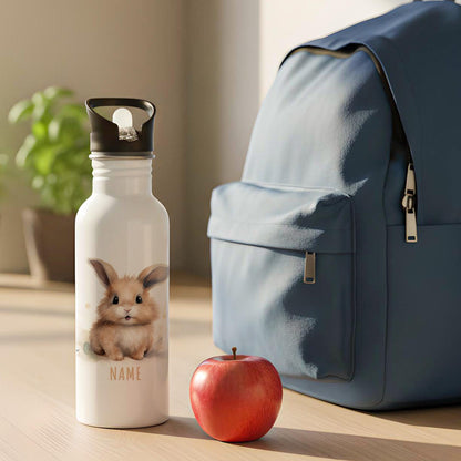 Trinkflasche Kinder personalisiert mit Namen Hase Edelstahl Flasche mit Strohhalm Wasserflasche für Schule Kindergarten 600 ml