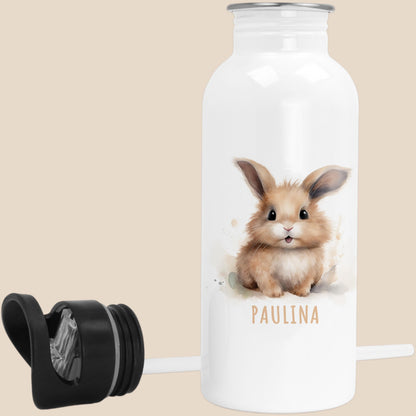 Trinkflasche Kinder personalisiert mit Namen Hase Edelstahl Flasche mit Strohhalm Wasserflasche für Schule Kindergarten 600 ml