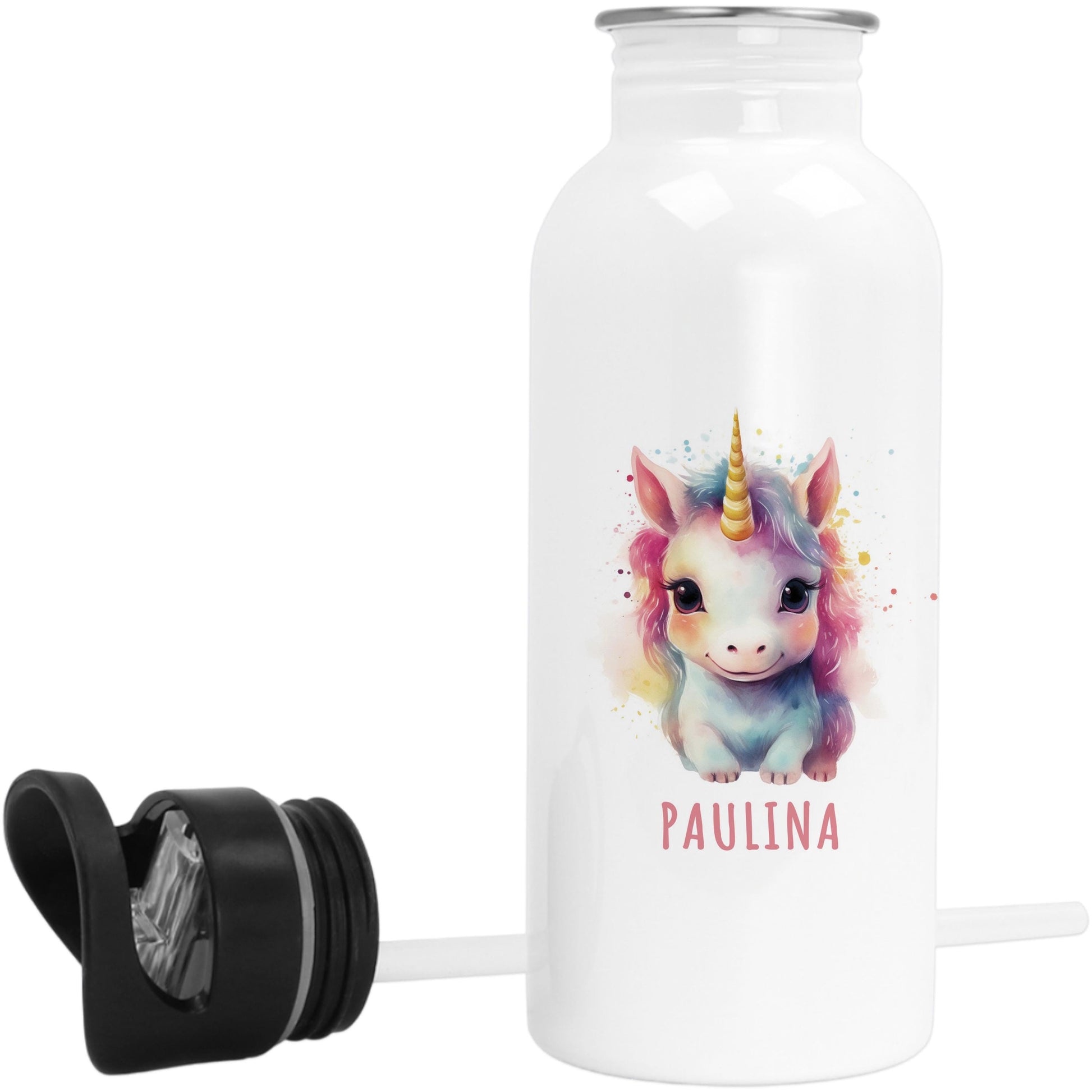 Trinkflasche Kinder personalisiert mit Namen Einhorn Edelstahl Flasche mit Strohhalm Wasserflasche für Schule Kindergarten 600 ml