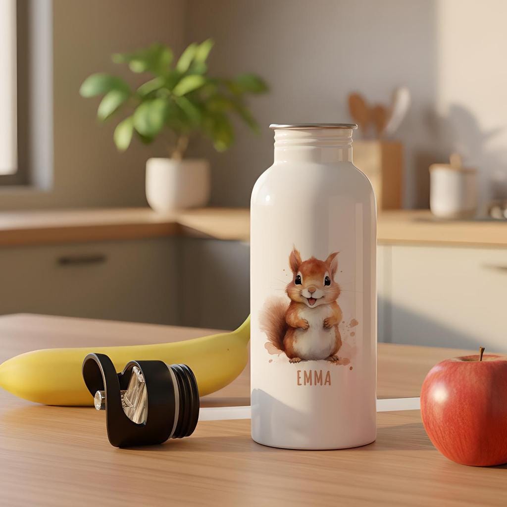 Trinkflasche Kinder personalisiert mit Namen Eichhörnchen Edelstahl Flasche mit Strohhalm Wasserflasche für Schule Kindergarten 600 ml