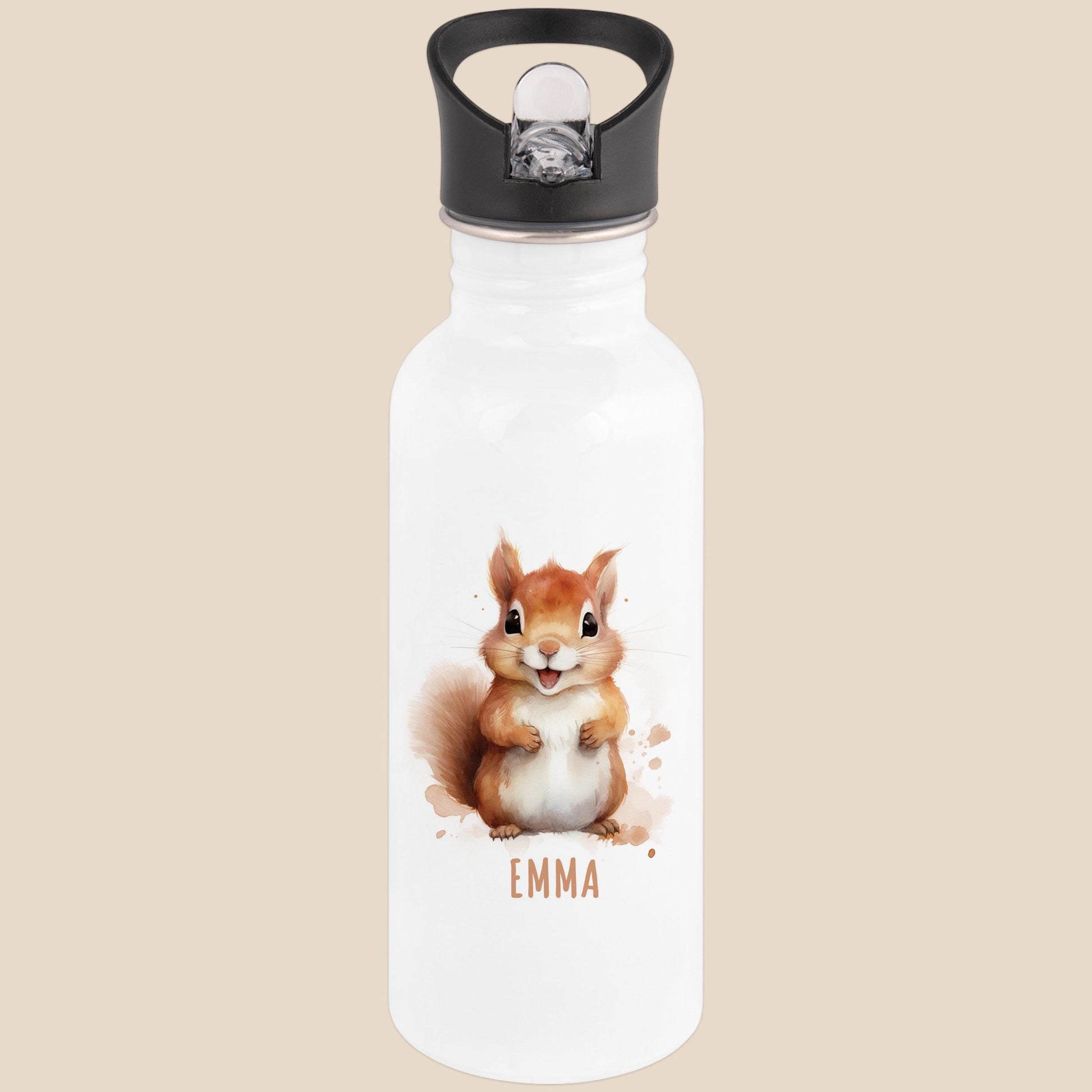 Trinkflasche Kinder personalisiert mit Namen Eichhörnchen Edelstahl Flasche mit Strohhalm Wasserflasche für Schule Kindergarten 600 ml