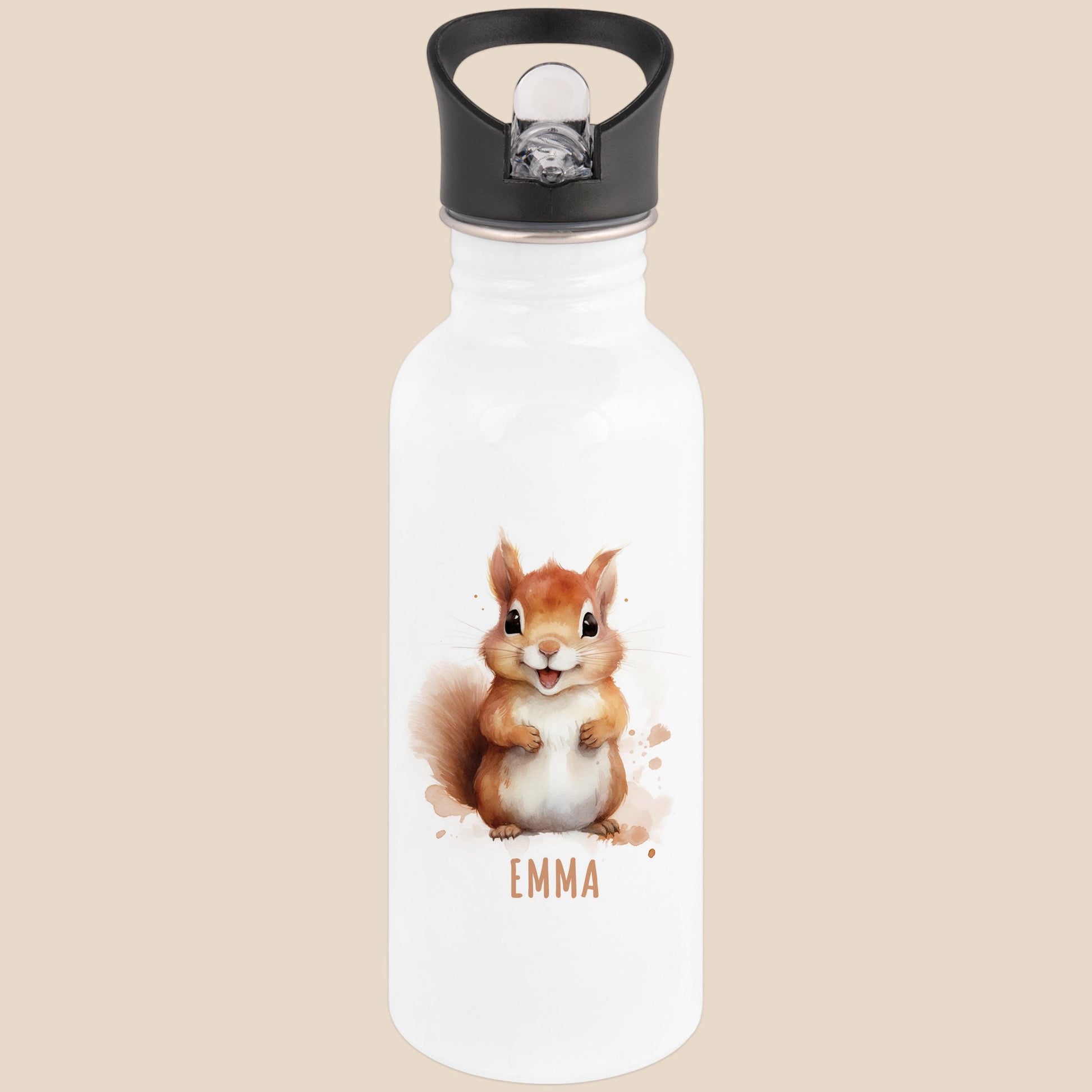 Trinkflasche Kinder personalisiert mit Namen Eichhörnchen Edelstahl Flasche mit Strohhalm Wasserflasche für Schule Kindergarten 600 ml