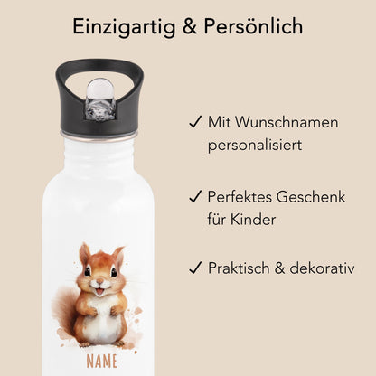 Trinkflasche Kinder personalisiert mit Namen Eichhörnchen Edelstahl Flasche mit Strohhalm Wasserflasche für Schule Kindergarten 600 ml