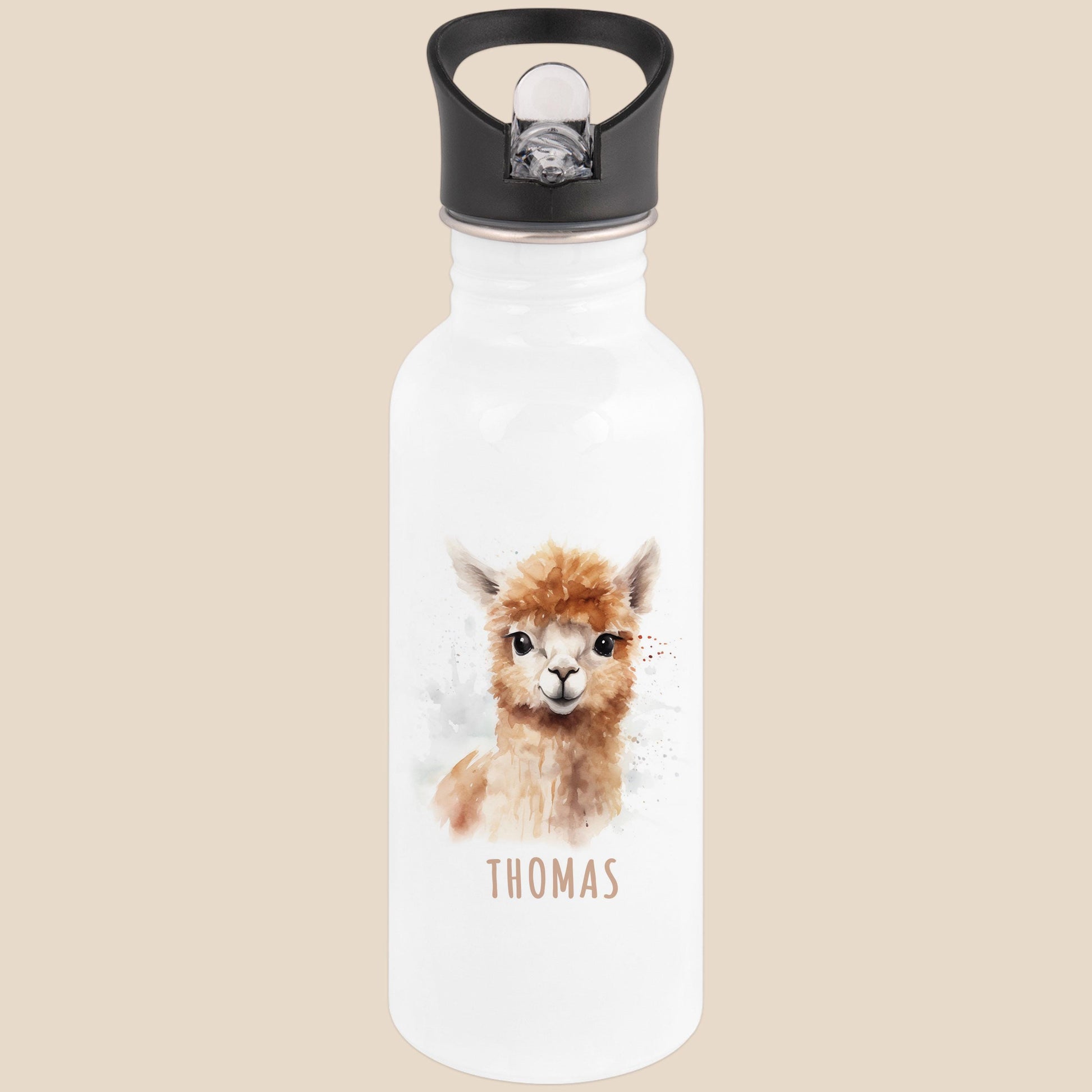 Trinkflasche Kinder personalisiert mit Namen Alpaka Edelstahl Flasche mit Strohhalm Wasserflasche für Schule Kindergarten 600 ml
