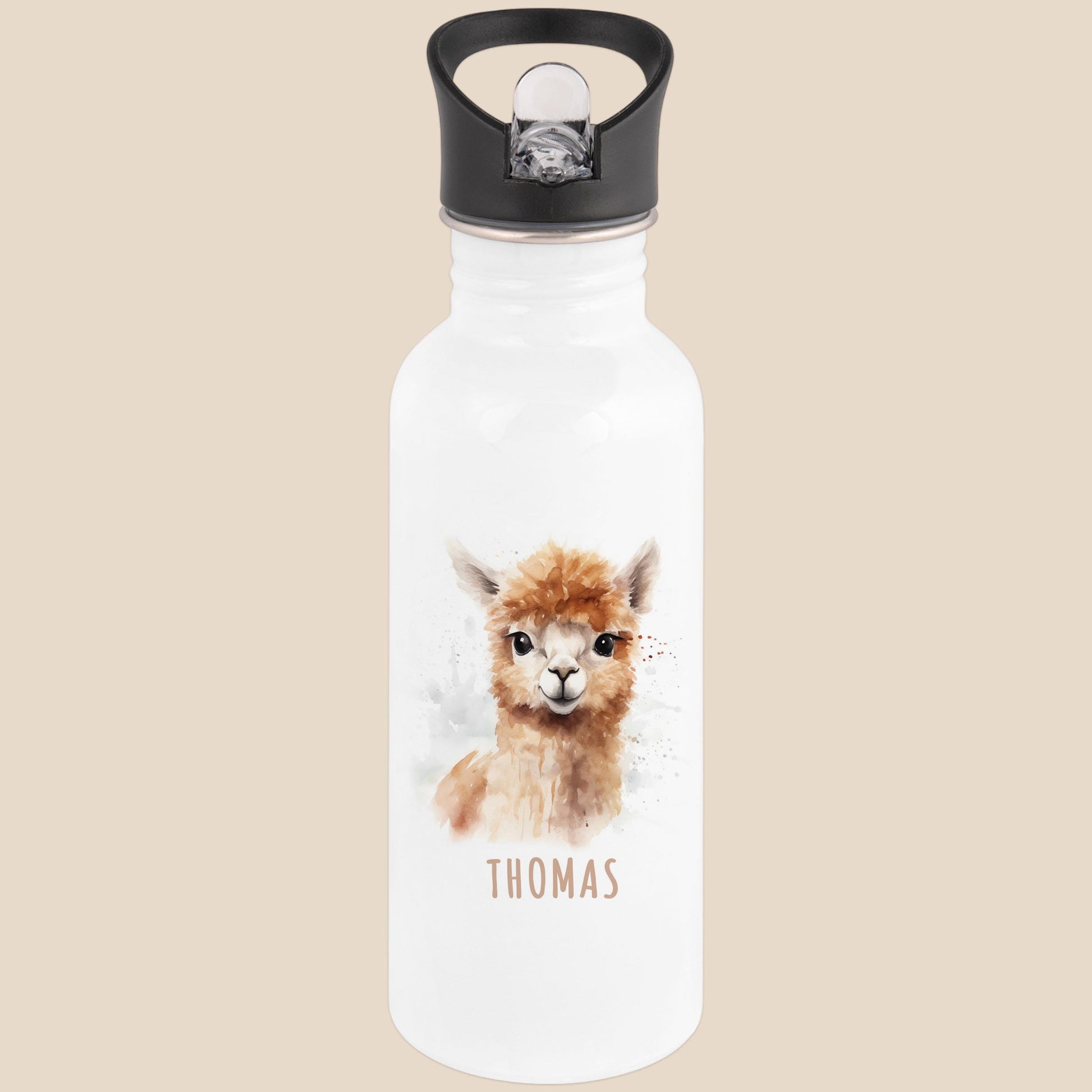 Trinkflasche Kinder personalisiert mit Namen Alpaka Edelstahl Flasche mit Strohhalm Wasserflasche für Schule Kindergarten 600 ml