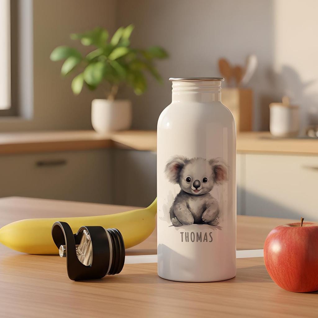 Trinkflasche Kinder personalisiert mit Namen Koala Edelstahl Flasche mit Strohhalm Wasserflasche für Schule Kindergarten 600 ml
