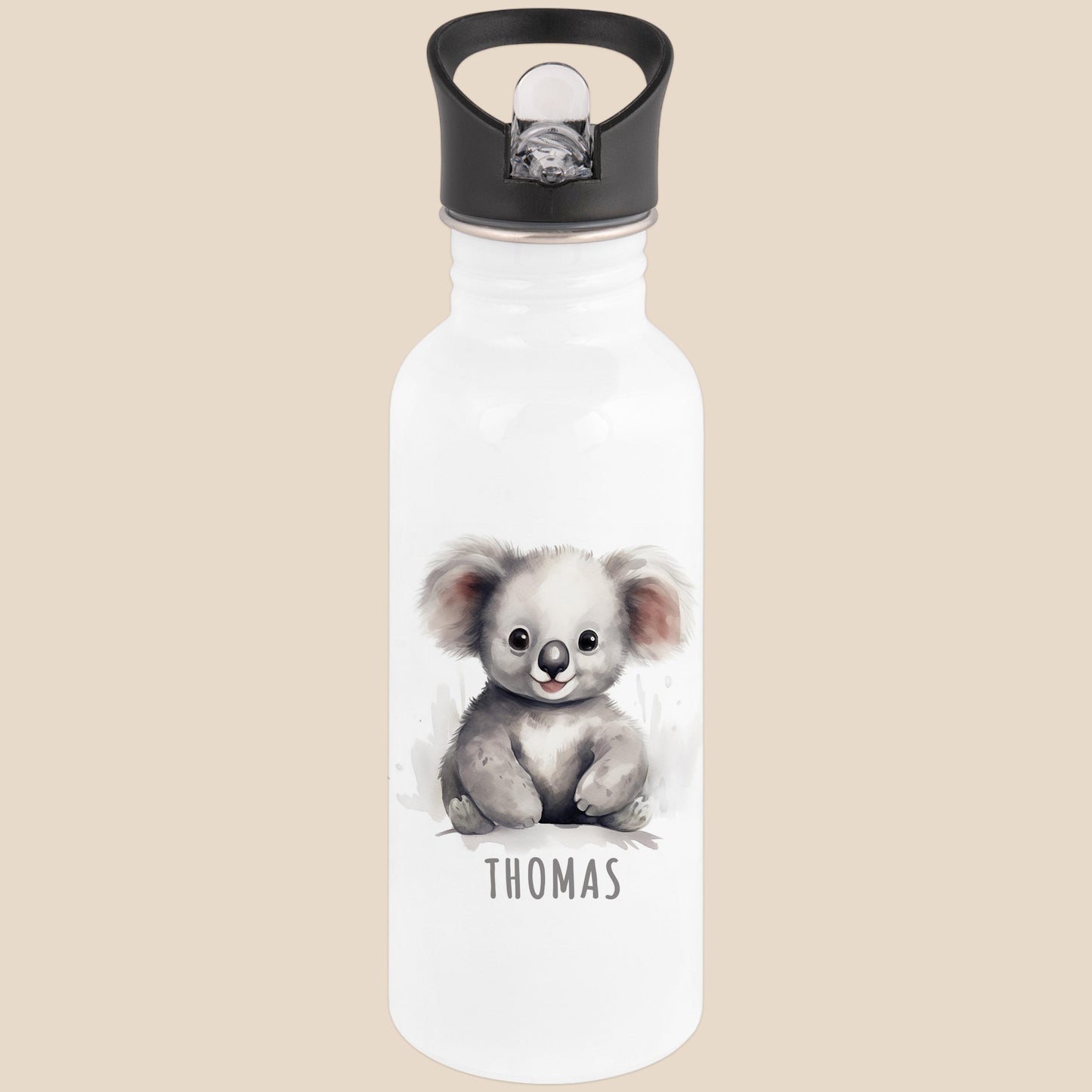 Trinkflasche Kinder personalisiert mit Namen Koala Edelstahl Flasche mit Strohhalm Wasserflasche für Schule Kindergarten 600 ml