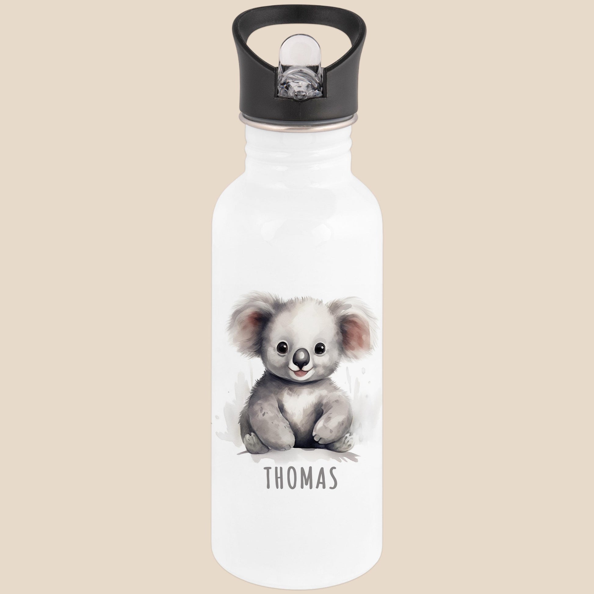 Trinkflasche Kinder personalisiert mit Namen Koala Edelstahl Flasche mit Strohhalm Wasserflasche für Schule Kindergarten 600 ml