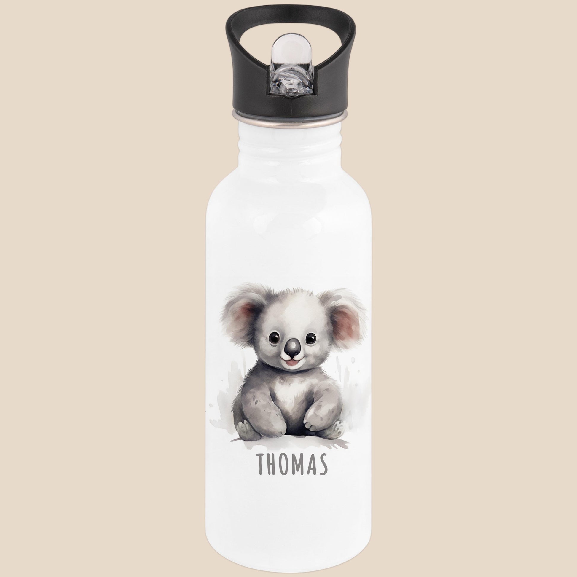 Trinkflasche Kinder personalisiert mit Namen Koala Edelstahl Flasche mit Strohhalm Wasserflasche für Schule Kindergarten 600 ml