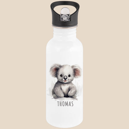 Trinkflasche Kinder personalisiert mit Namen Koala Edelstahl Flasche mit Strohhalm Wasserflasche für Schule Kindergarten 600 ml