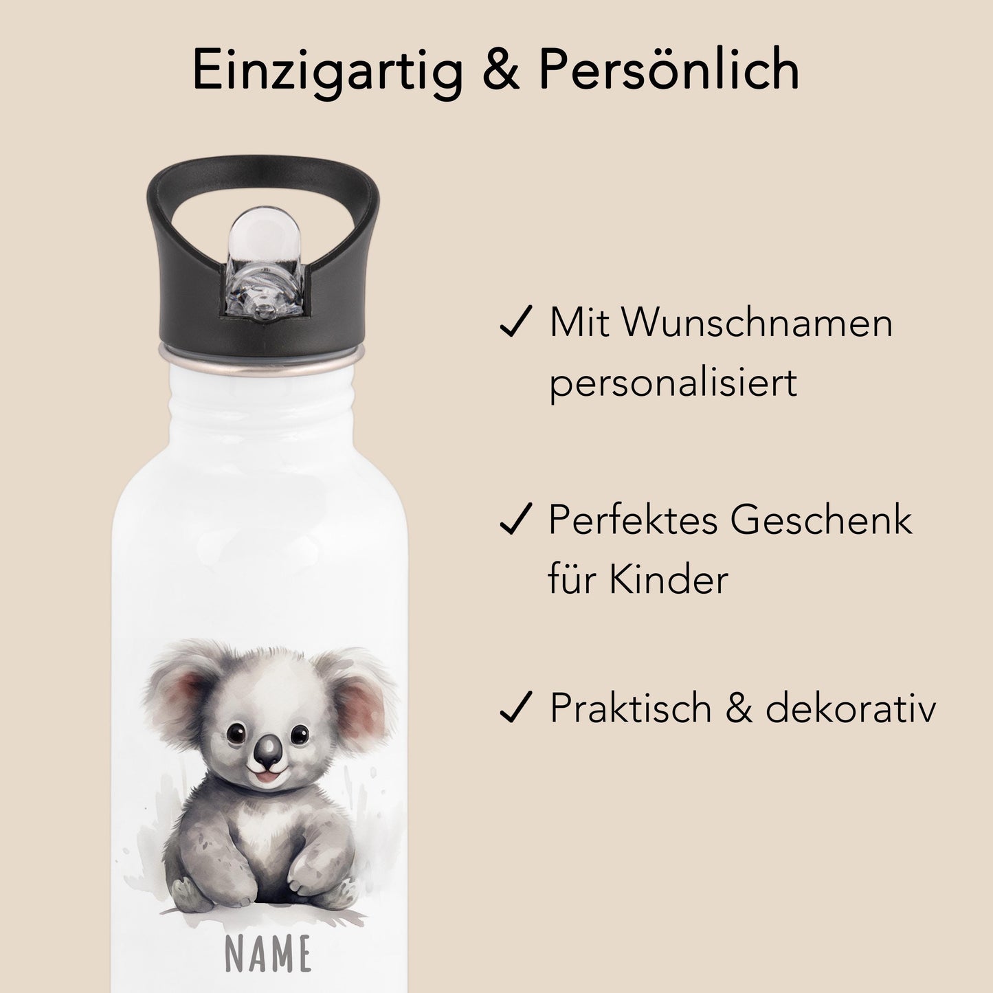 Trinkflasche Kinder personalisiert mit Namen Koala Edelstahl Flasche mit Strohhalm Wasserflasche für Schule Kindergarten 600 ml