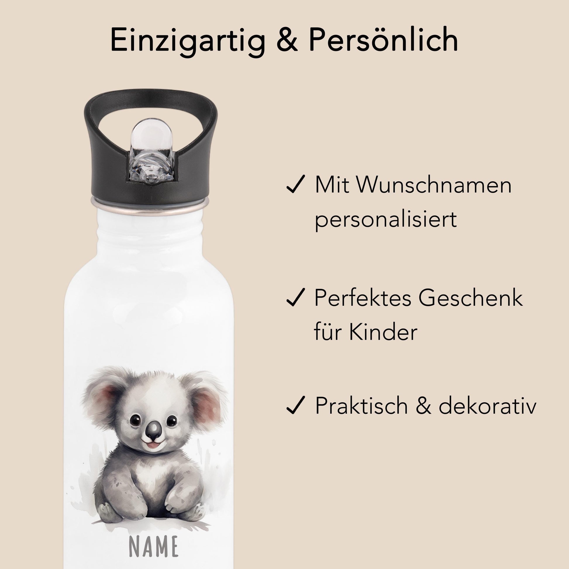 Trinkflasche Kinder personalisiert mit Namen Koala Edelstahl Flasche mit Strohhalm Wasserflasche für Schule Kindergarten 600 ml
