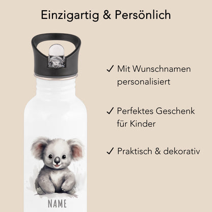 Trinkflasche Kinder personalisiert mit Namen Koala Edelstahl Flasche mit Strohhalm Wasserflasche für Schule Kindergarten 600 ml