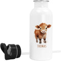 Trinkflasche Kinder personalisiert mit Namen Kuh Edelstahl Flasche mit Strohhalm Wasserflasche für Schule Kindergarten 600 ml