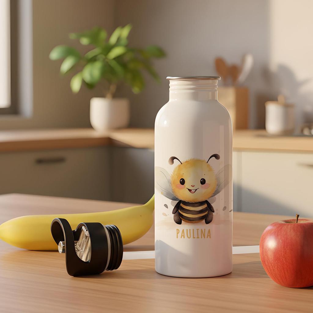Trinkflasche Kinder personalisiert mit Namen Biene Edelstahl Flasche mit Strohhalm Wasserflasche für Schule Kindergarten 600 ml