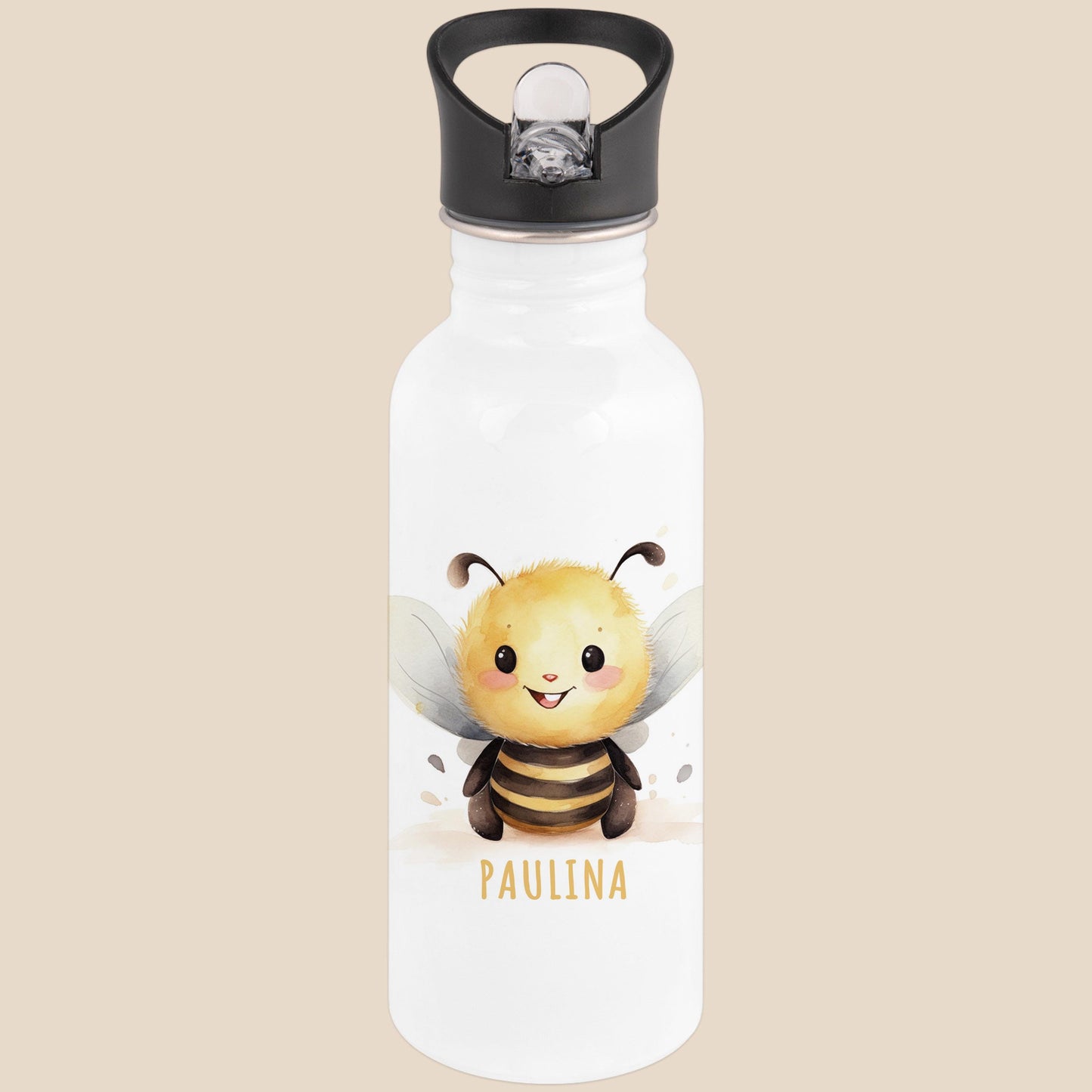 Trinkflasche Kinder personalisiert mit Namen Biene Edelstahl Flasche mit Strohhalm Wasserflasche für Schule Kindergarten 600 ml
