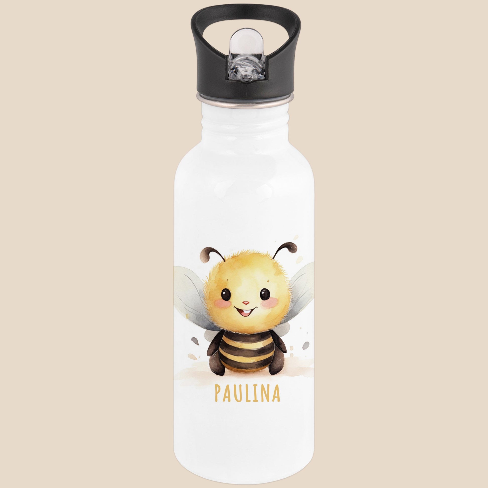 Trinkflasche Kinder personalisiert mit Namen Biene Edelstahl Flasche mit Strohhalm Wasserflasche für Schule Kindergarten 600 ml