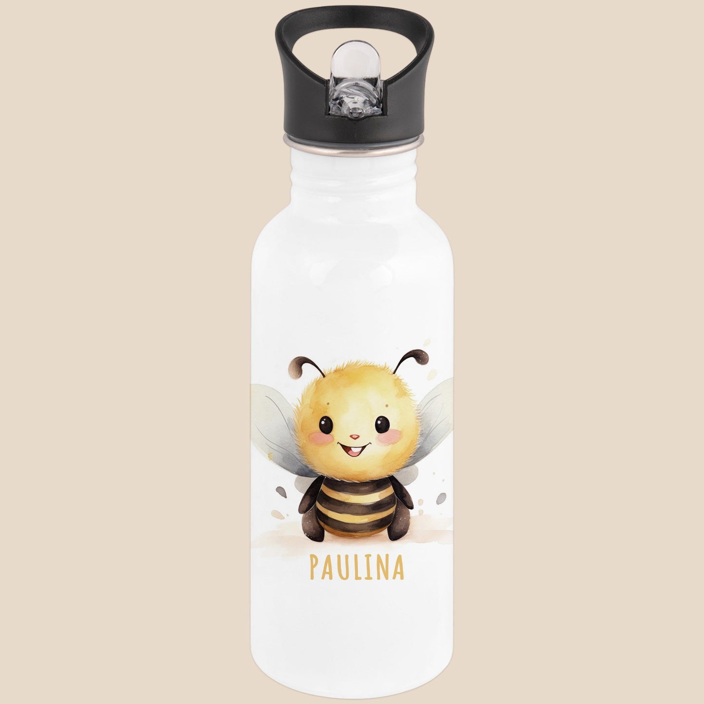 Trinkflasche Kinder personalisiert mit Namen Biene Edelstahl Flasche mit Strohhalm Wasserflasche für Schule Kindergarten 600 ml