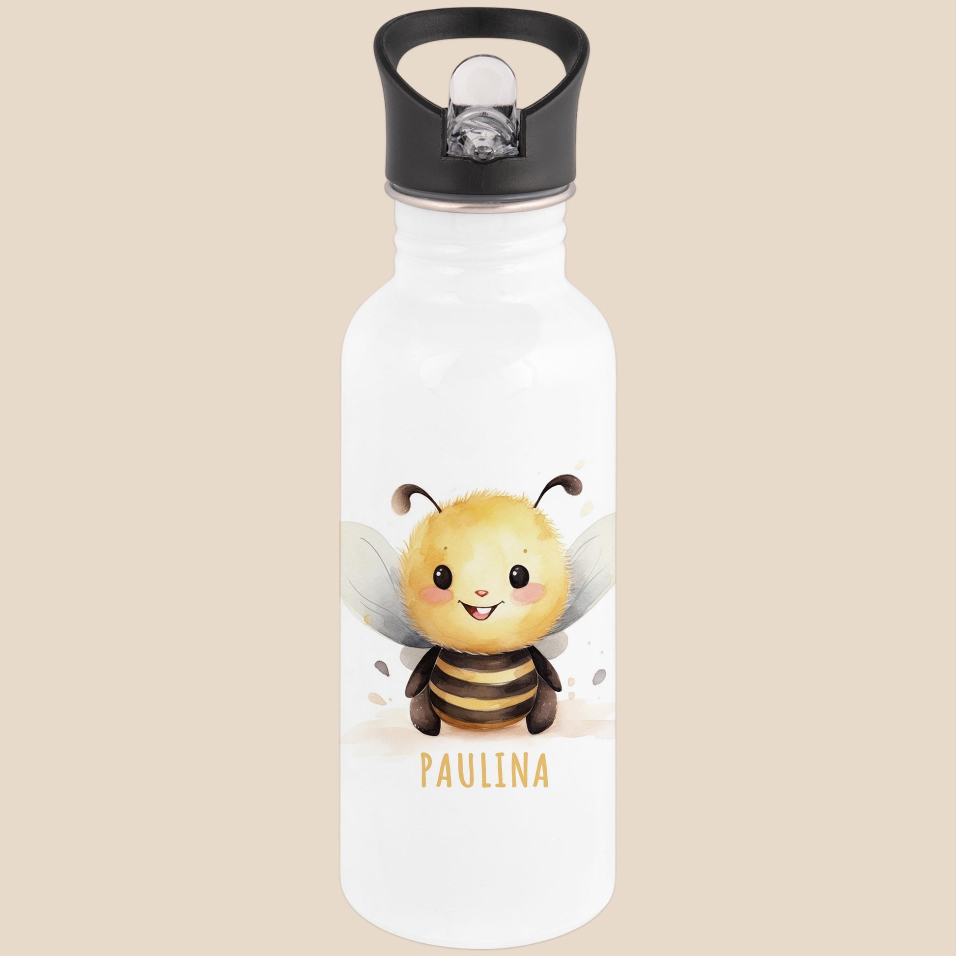 Trinkflasche Kinder personalisiert mit Namen Biene Edelstahl Flasche mit Strohhalm Wasserflasche für Schule Kindergarten 600 ml