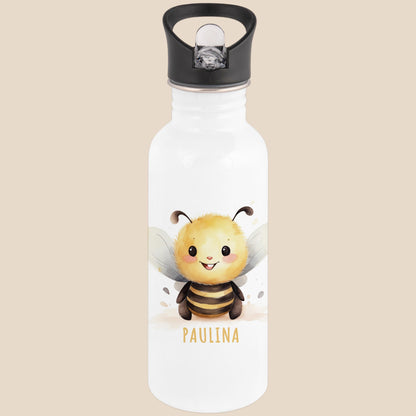 Trinkflasche Kinder personalisiert mit Namen Biene Edelstahl Flasche mit Strohhalm Wasserflasche für Schule Kindergarten 600 ml