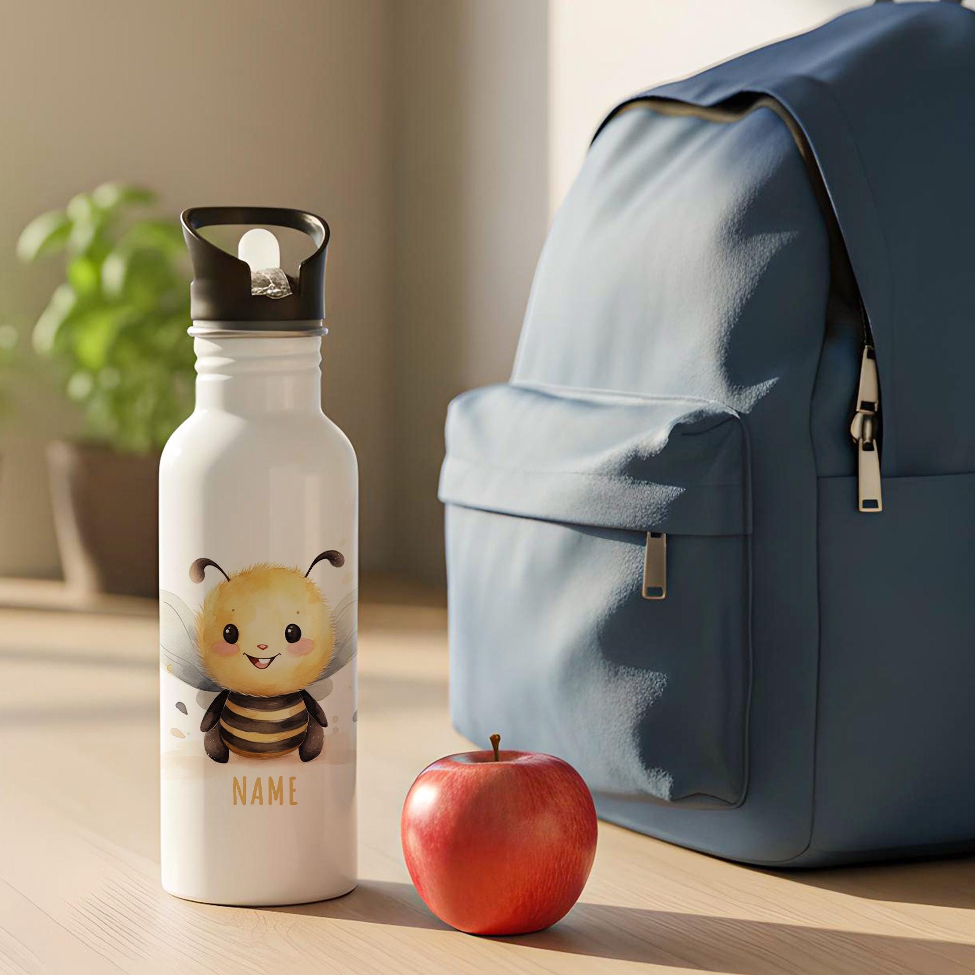 Trinkflasche Kinder personalisiert mit Namen Biene Edelstahl Flasche mit Strohhalm Wasserflasche für Schule Kindergarten 600 ml